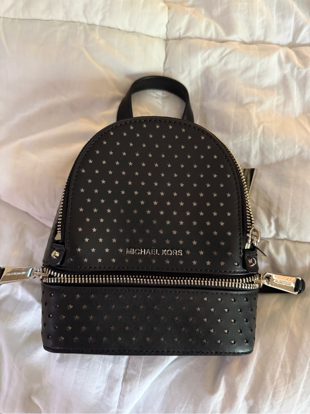 Michael Kors Black Leather Star-Perforated Backpack with Silver Logo